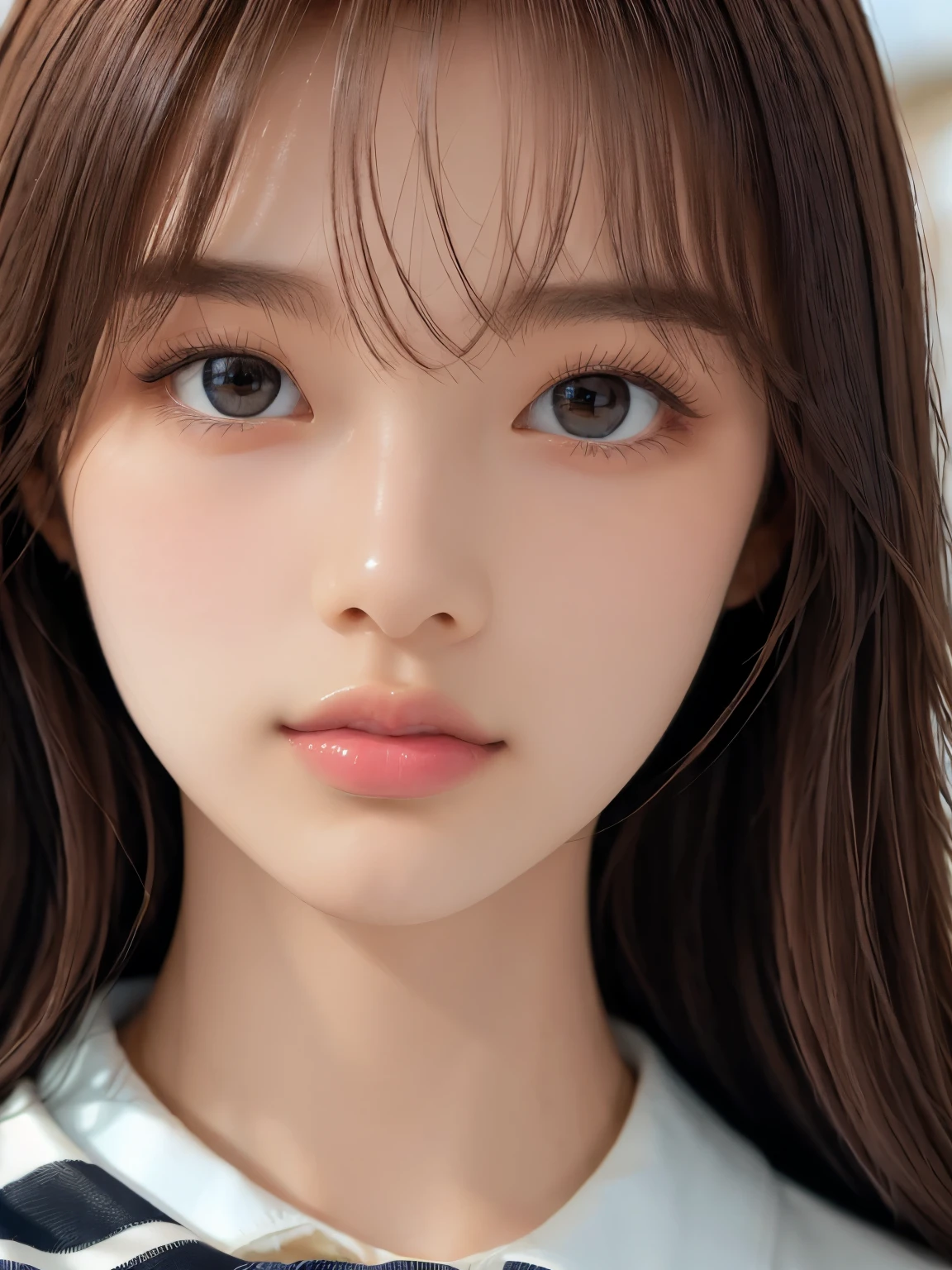 (Tabletop:1.4, Realistic:1.4, 8K), Highest quality, masterpiece, Ultra-high resolution, Perfect dynamic composition, Big Face、Round face、((Light brown hair, Long Hair, Layered Hair))、Highly detailed skin and facial textures:1.3, Limb details, 1 Girl, Cute sexy 22 year old woman, (Sunburn:1.0), ((Totally captivates you:0.9)), ((school uniform, White collar short sleeve shirt, Striped tie)),Medium Chest, (Distant eyes, Beautiful Eyes, Brown eyes、Beautiful erotic eyes:0.85), Sexy Face:0.4, (Mouth closed、Small Mouth、Thick lips、A taste of beautiful eroticism:0.85), ((Too cute beauty:0.9))、Gal Makeup、((Extreme close up))