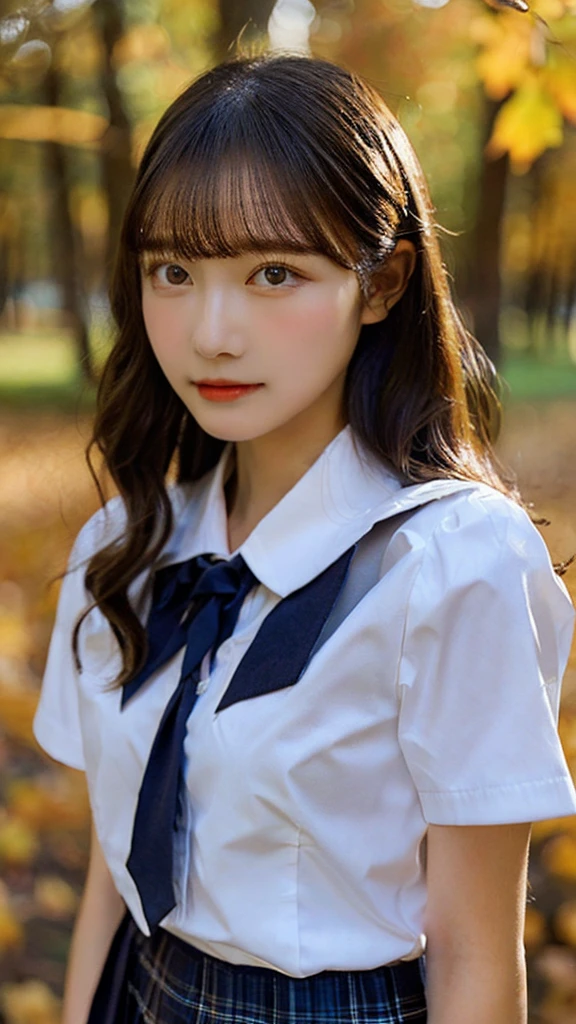 autumn leaves,moon light,beautiful forest, (midnight1.3), black shiny hair,bangs,medium hair,　opal eyes, big chest, (school uniform:1.3), solo, 1girl,
(masterpiece, best quality,ultra-detailed)