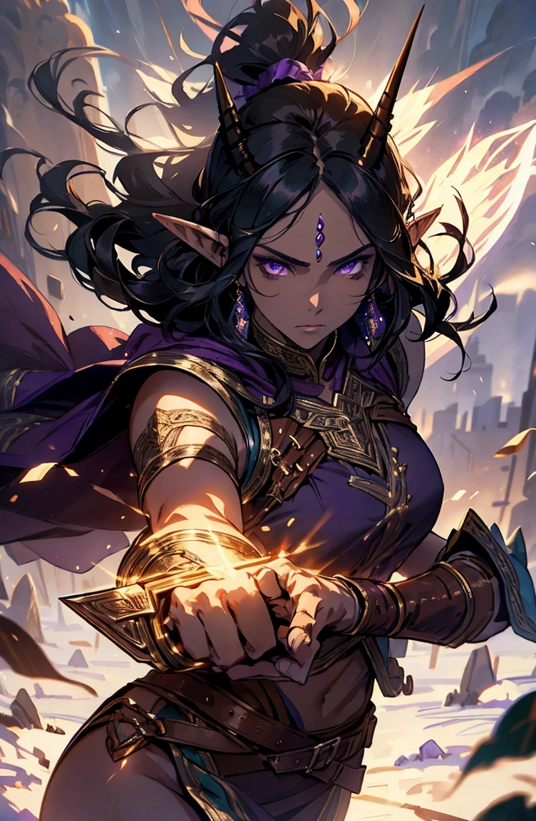 brown skin, older woman, sexy, tall, brown skin, one wing, black hair, elf, elf ears, horns, warrior, sword, sleeveless, purple, dramatic compositions, Cinematic lighting, Ray tracing, dramatic shadows