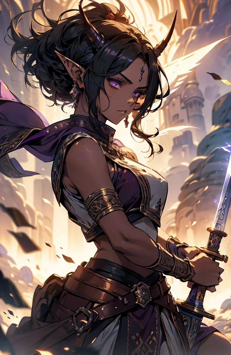 brown skin, older woman, sexy, tall, brown skin, one wing, black hair, elf, elf ears, horns, warrior, sword, sleeveless, purple, dramatic compositions, Cinematic lighting, Ray tracing, dramatic shadows