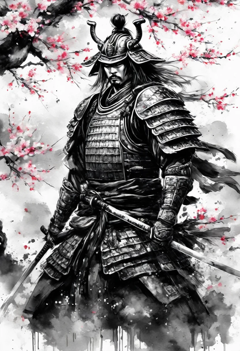 Black and white painting,Ink Painting,splash,Warrior,Mamba Hair,detailed beautiful japanese face,(samurai armor,Detailed Armor),(whole body,Angle from the feet:1.2),血のsplashを描画:1.2,japanese castle,cherry blossoms,