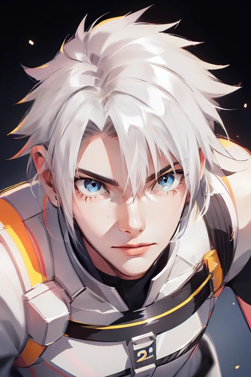 1 male (tall man, slim, manly, dominate,  white messy hair, yellow eyes, tough, wearing a sci-fi space outfit.) best quality, ultra-detailed, illustration, complex, detailed, extremely detailed, detailed face, soft light, soft focus, perfect face, illustration, full body.