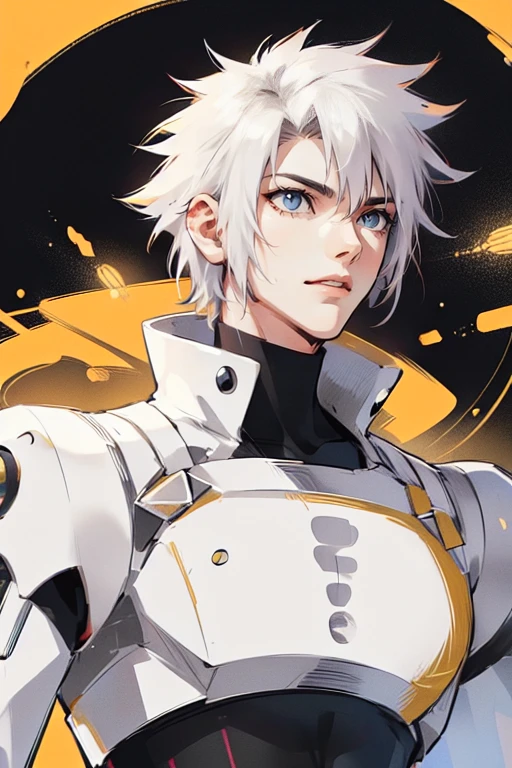 1 male (tall man, slim, manly, dominate,  white messy hair, yellow eyes, tough, wearing a sci-fi space outfit.) best quality, ultra-detailed, illustration, complex, detailed, extremely detailed, detailed face, soft light, soft focus, perfect face, illustration, full body.