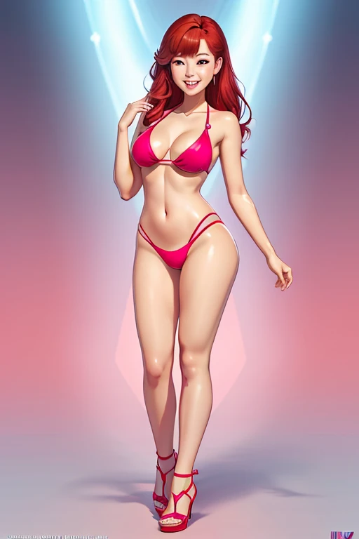 (full body:1.4),Beautiful Korean woman, Red hair beautiful figure, cute butt. pink bikini, wedge heels, (smile). Masterpiece, best quality,(highly detailed:1.2),(detailed face and eyes:1.2), 8k wallpaper, natural lighting. core shadows, high contrast, bokeh.