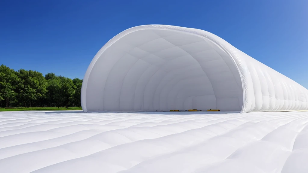 Realistic panorama of a huge inflatable installation in the shape, white inflatable plastic film material,  wrapped in a white polyester sheet. close-up，minimalist, surreal, most best quality,32K Ultra HD