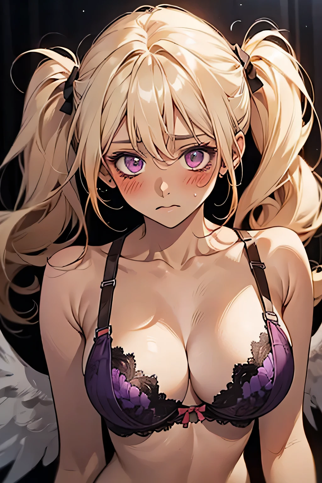 Twin tails，((blonde))，((Embarrassing)),((Blush 1.5))，Purple eyes，Large Breasts，Dark purple bra，((Brown Skin:1.5))，Angel Wings，face down. Background is indoor，night.