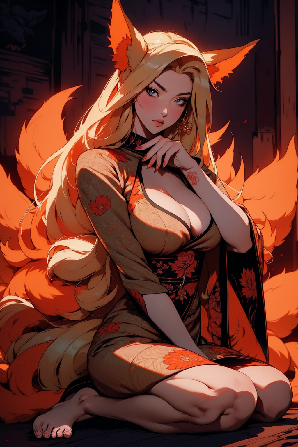 REALISTIC VISION 1.4, BETTER VAE,sharp focus, ultra detail, 32k,realistic photo, intricate details, kitsune, blond hair, (blond hair), gold eyes, intricate details ,woman, nine tails, intricate details,intricate details,big , Voluptuous body, intricate details, Miko, clothes long white dress with red details intricate details, tattoos intricate details, full body, with a orange nine tails fox , kiuubi (kurama, naruto), angry face, sitting on the ground with one finger in her mouth