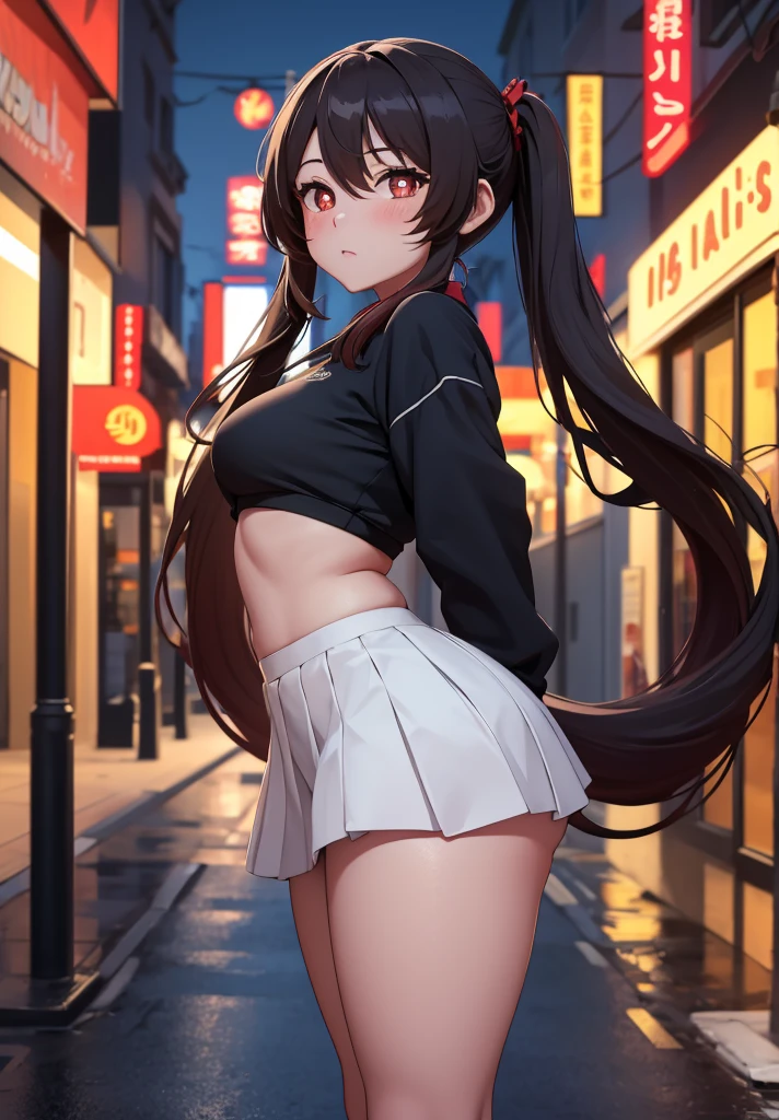 masterpiece, best quality, HuTaoV4, 1girl, solo, blush, twintails, long hair, hair between eyes, ((streetwear clothes)), city, outdoors, night, movie poster, extremely detailed 8K, smooth, high resolution, ultra quality, cinematic lighting, ambient occlusion, hd, 2k, 4k, 8k, 16k, extremely detailed anime, detailed faces, perfect composition, wide shot, atmospheric lighting, very sexy, lift skirt, random low back angle, uncensored, nsfw, sin censura
