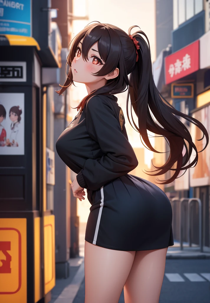 masterpiece, best quality, HuTaoV4, 1girl, solo, blush, twintails, long hair, hair between eyes, ((streetwear clothes)), city, outdoors, night, movie poster, extremely detailed 8K, smooth, high resolution, ultra quality, cinematic lighting, ambient occlusion, hd, 2k, 4k, 8k, 16k, extremely detailed anime, detailed faces, perfect composition, wide shot, atmospheric lighting, very sexy, lift skirt, random low back angle, uncensored, nsfw, sin censura