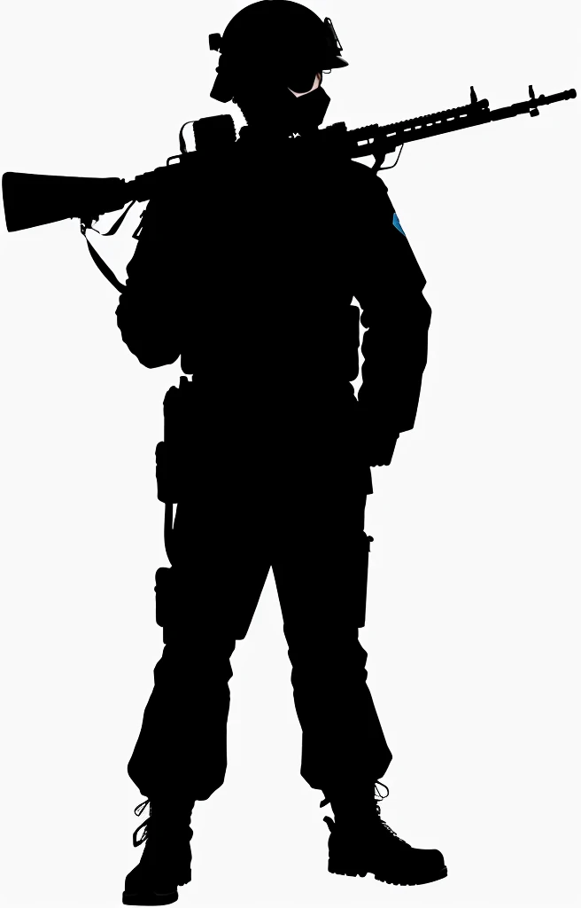 Silhouette of a soldier holding a gun and a rifle, 人物contour, 详细contour, Black silhouette, White background上孤立, White background, Full body close-up, Soldier with gas mask, Single silhouette, High-quality images, 人的contour, Logo without text, 人体contour, 一个男人的contour, contour, HD illustrations
