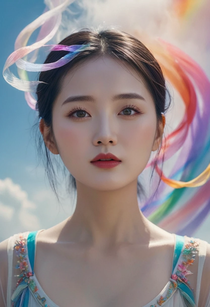 Chinese woman, face close up, The figure of a soaring woman is made of ribbons., smoke, in the sky, bright colors, Mysterious color, modern impressionism, Portrait of Yan Juncheng, rainbow painting, 3/4 views, Cute face, low angle, wide swirling elements, Big beautiful crystal eyes, large iris, UHD, HDR, 8K, (Masterpiece: 1. 5), (Pictures of the most beautiful people in the world: 1.5)