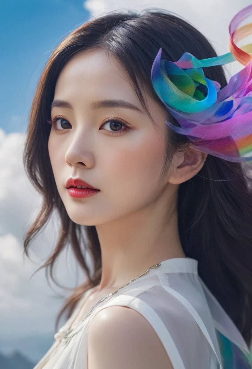 Chinese woman, face close up, The figure of a soaring woman is made of ribbons., smoke, in the sky, bright colors, Mysterious color, modern impressionism, Portrait of Yan Juncheng, rainbow painting, 3/4 views, Cute face, low angle, wide swirling elements, Big beautiful crystal eyes, large iris, UHD, HDR, 8K, (Masterpiece: 1. 5), (Pictures of the most beautiful people in the world: 1.5)