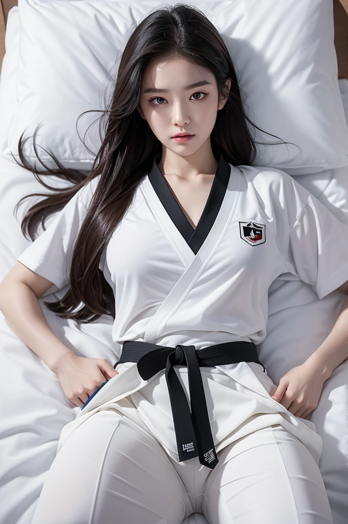 masterpiece, ultra details, best quality, 1 korean taekwondo girl, masterpiece, ultra details, best quality, black long straight hair, wearing sweaty white World Taekwondo Federation dobok uniform with black v-neck, wearing taekwondo blackbelt, wearing white martial arts pants without pockets, large sweaty butt, large breasts, laying on wet hotel bed showing butt, sweat on face