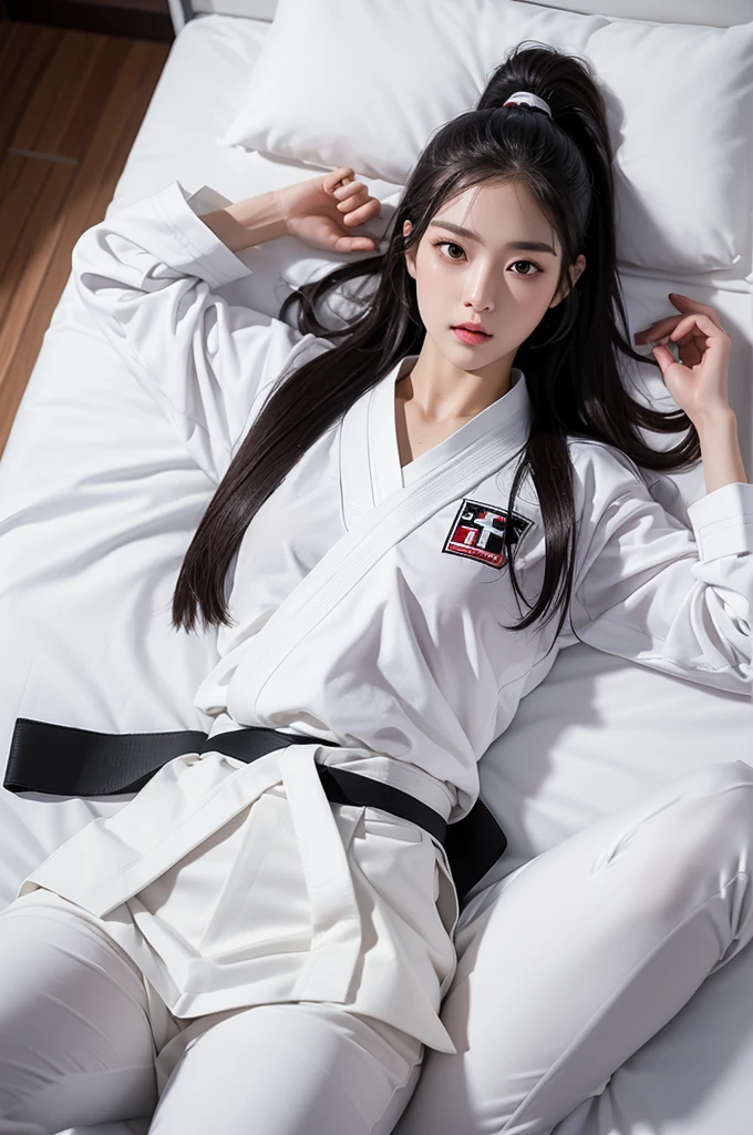 masterpiece, ultra details, best quality, 1 korean taekwondo girl, masterpiece, ultra details, best quality, black long straight hair, wearing sweaty white World Taekwondo Federation dobok uniform with black v-neck, wearing taekwondo blackbelt, wearing white martial arts pants without pockets, large sweaty butt, large breasts, laying on wet hotel bed showing butt, sweat on face