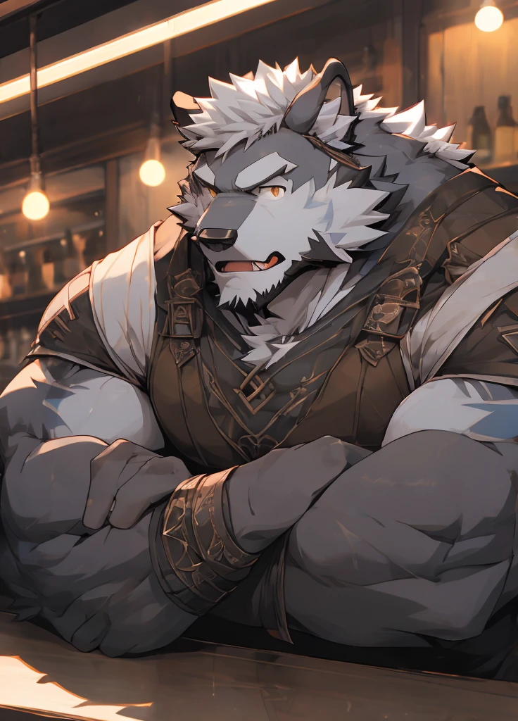 （masterpiece），（Very detailed），（best quality），solitary，hairy，Wolf，Gray blue fur，White hair，black beard，muscular，Strong body，Mercenary Outfit，Open，Bar Background，8K，Look indifferent（（high quality））