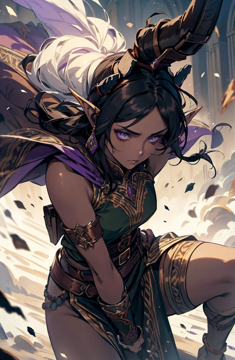brown skin, older woman, sexy, tall, brown skin, one wing, black hair, elf, elf ears, horns, sleeveless, warrior, sword, purple, dramatic compositions, dramatic shadows