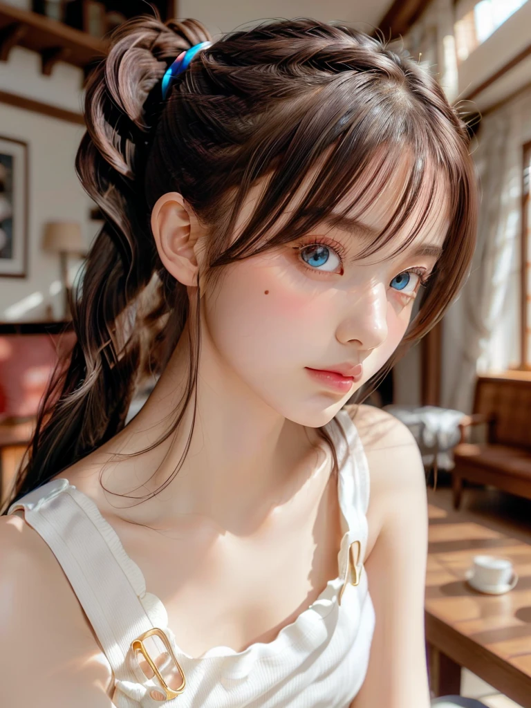(Very delicate and beautiful: girl, smooth, blue eyes, blur, blur background, bow, brown hair, shut your mouth, side view, hair between the eyes, hair bow, lamp, light particles, long sleeve, look at the audience, medium hair, nighttime, red