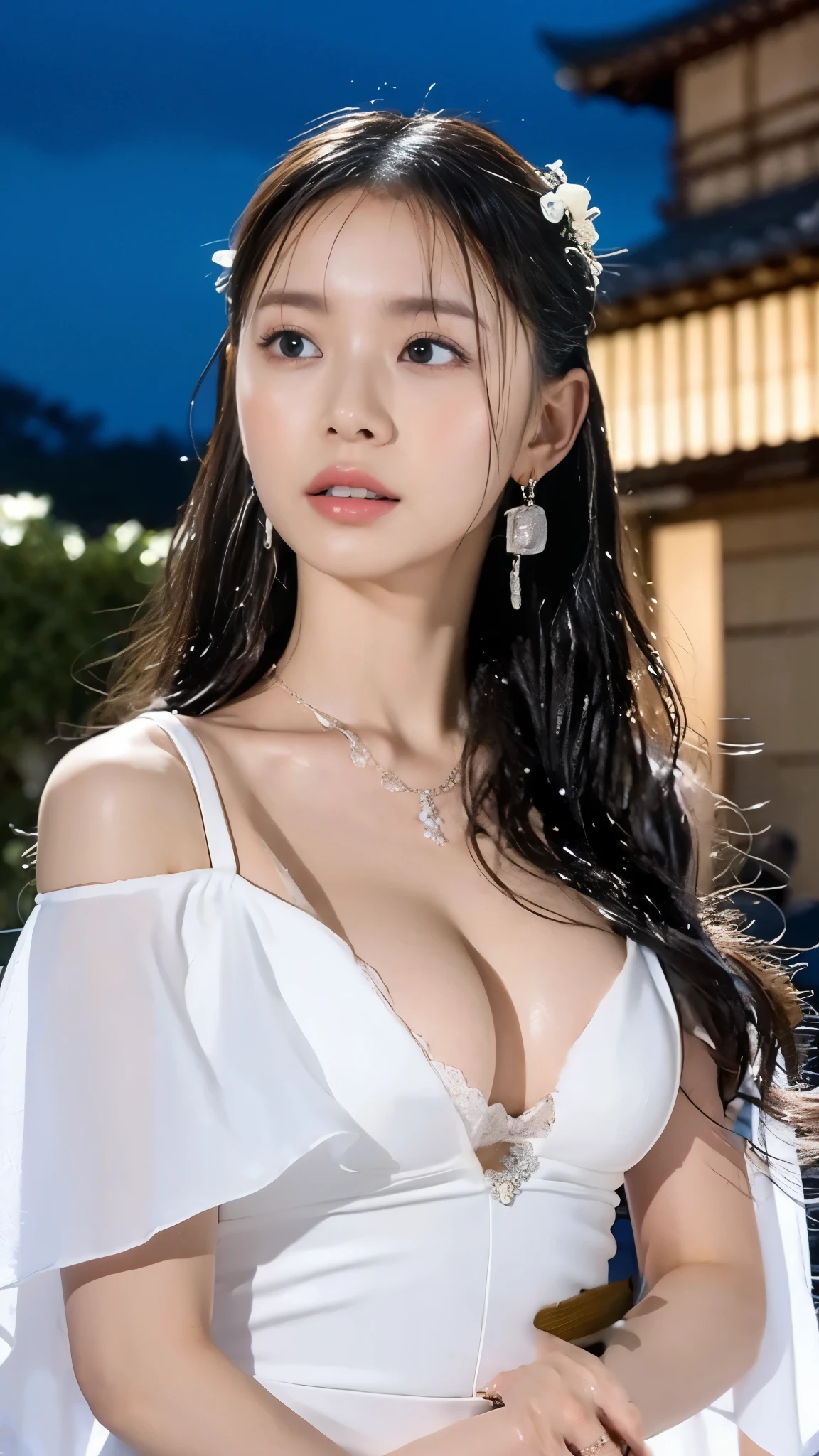Wearing a white dress that reveals her shoulders