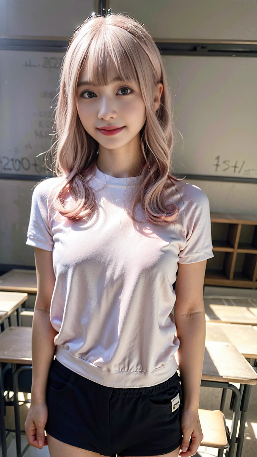 (Masterpiece, BestQuality:1.3), (realistic8K UHD:1.2), (hyperrealistic:1.3), (Photorealistic:1.5), (hyper realistic:1.4), (intricate details), (Amazing), sharp focus, light on face, realistic lighting, dramatic angle, 1girl, beautiful detailed girl, japanese girl, (nogizaka girl:1.2), extremely detailed eyes and face, (hyper realistic detail shiny skin:1.2), glamor, (narrow waist:0.6), (flat breasts:0.8), skin tight, (Seductive pose:1.2), dramatic angle, looking at viewer, (dynamic pose:1.2, (classroom:1.2), long hair, silky hair, (blunt bangs:1.1), (Light pink hair:1.4), (black buruma:1.2), (smile:1.4), buruma, blue buruma, black buruma