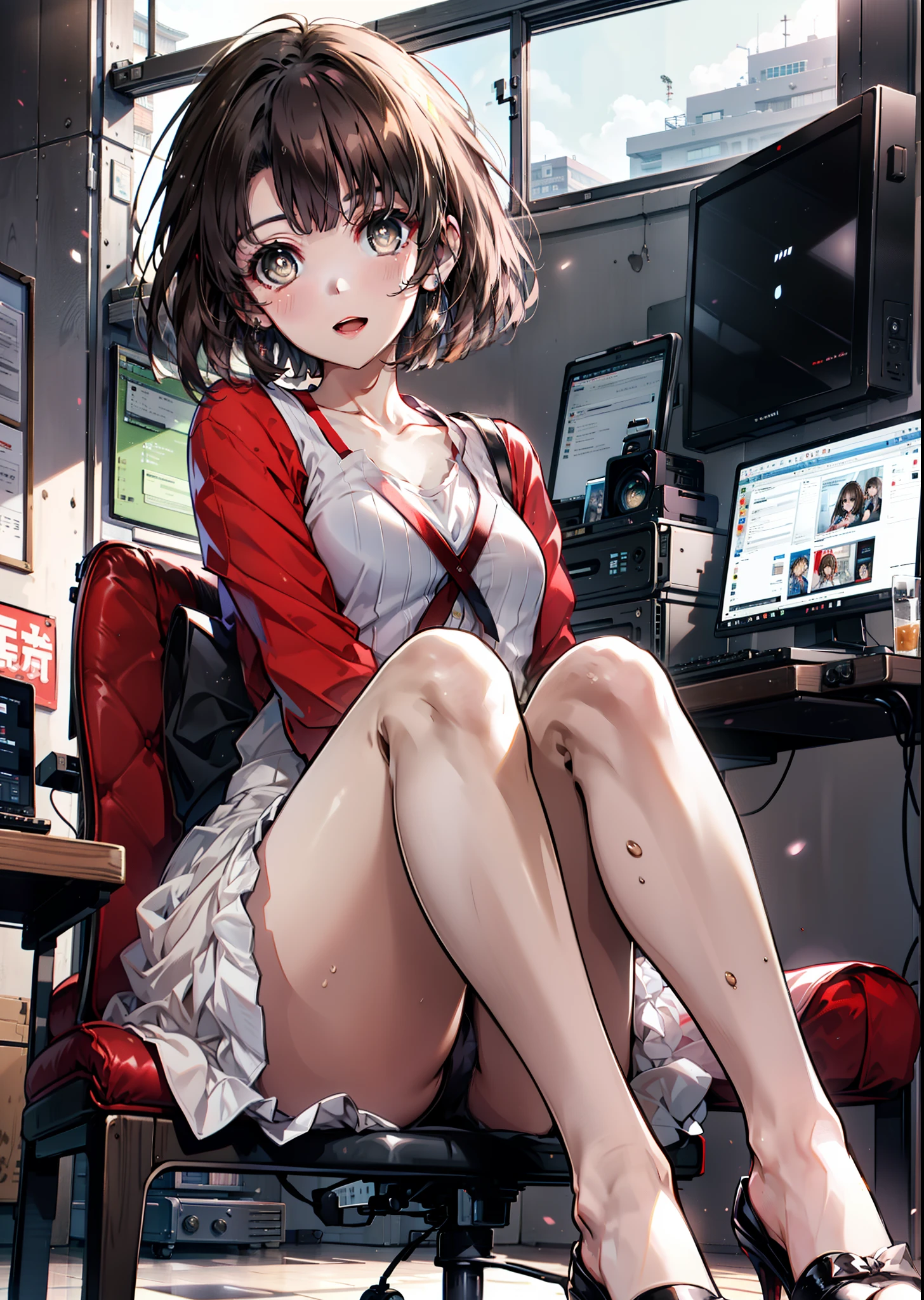 Katoumegumi, Megumi Katou, Brown Hair, short hair, (Brown eyes:1.5),happy smile, smile, Open your mouth, Red Tank Top Shirt,White long skirt,Black pantyhose,Stiletto heels,Open your mouth,sitting cross-legged on a chair,There is a computer and food on the table,interior,whole bodyがイラストに入るように,
break looking at viewer,whole body,
break indoors, office,
break (masterpiece:1.2), Highest quality, High resolution, unity 8k wallpaper, (shape:0.8), (Beautiful and beautiful eyes:1.6), Highly detailed face, Perfect lighting, Extremely detailed CG, (Perfect hands, Perfect Anatomy),