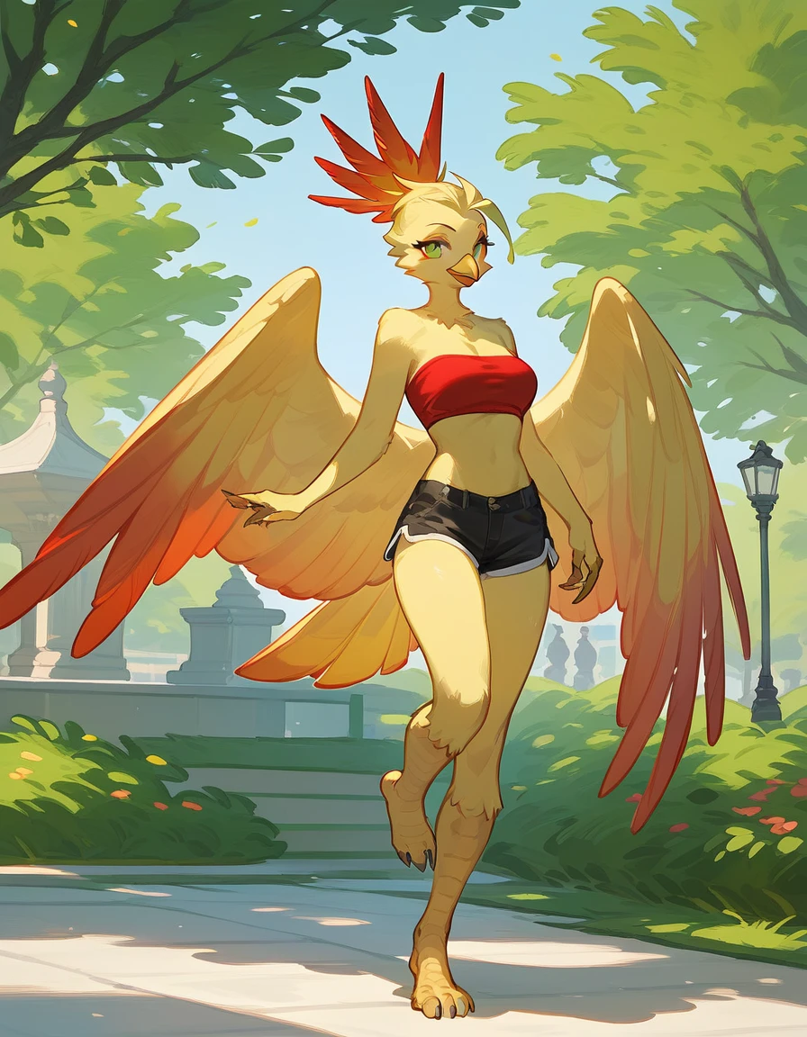 score_9, score_8_up, score_7_up, an Anthro phoenix girl, avian female, red and yellow body, spikey yellow hair, wearing elegant Haori, red bandeau, black short shorts, barefoot, standing, closed wings, yellow eyes, outdoors, at a park, seductive