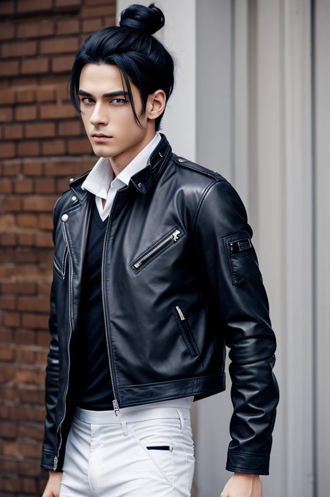 Black hair anime boy tied in a bun, navy blue eyes and pale skin, dressed in a black undershirt and blue leather jacket, black pants and white high boots