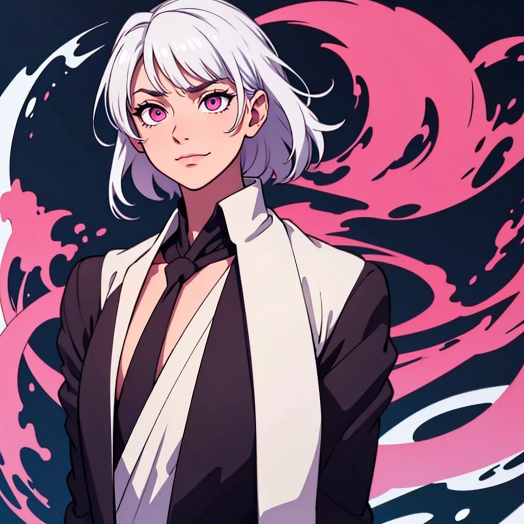 short white hair, highres, high resolution, masterpiece, wide dark pink eyes, talking, grinning, confident, masterpiece, best quality, highres, 1 man, Gojo Satoru jujutsu kaisen, wavy hair, white hair, medium short hair, teenager, colorful hair, light background, full body, teenager, colorful parts, symbols, dark , bold, realistic mixing dark lines and loose lines, bold lines, on paper, human man, full body, imposing pose, stylish outfit, dark theme, beautiful, pretty, modest, standing, male, sharp chin, high cheekbones, white background, highres, high resolution, masterpiece