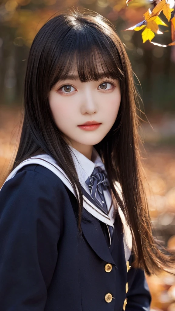 autumn leaves,moon light,beautiful forest, (midnight1.3), black shiny hair,bangs,medium hair, opal eyes, big chest, (school uniform:1.3), solo, 1girl,
(masterpiece, best quality,ultra-detailed)