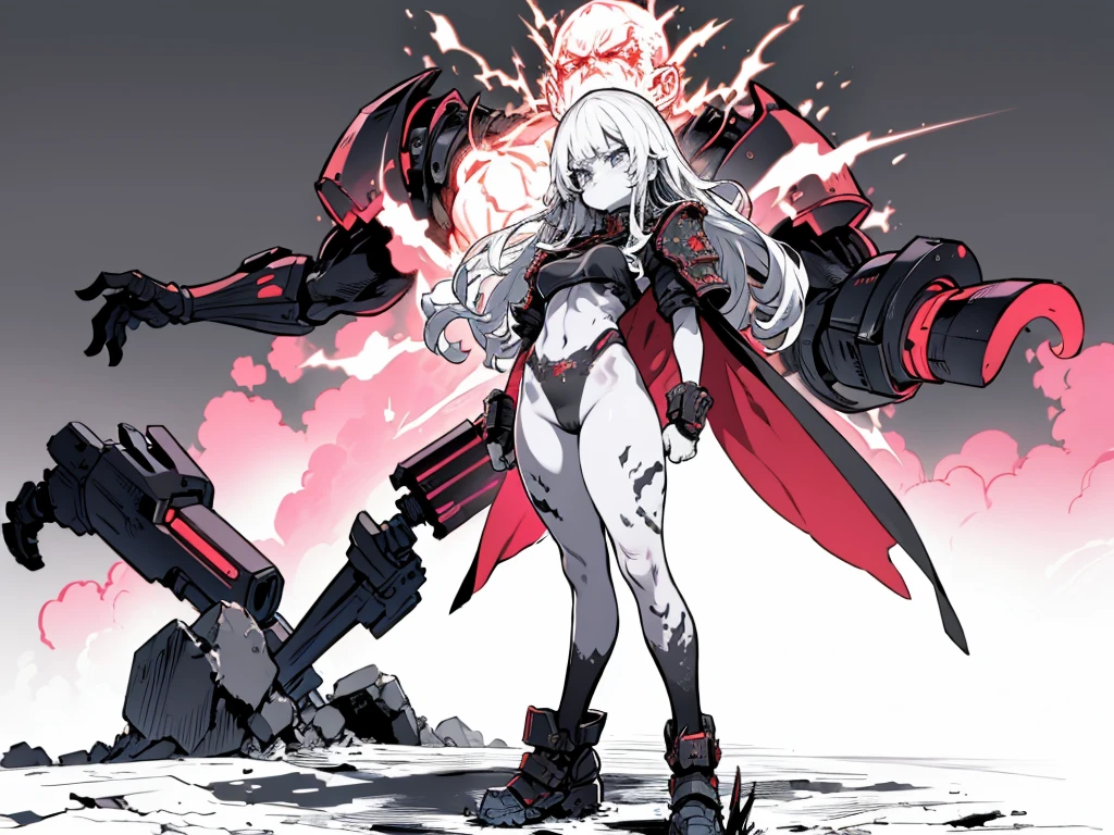 ((full bodyesbian)), (Simple background), 1girl, ((High resolution)), (simple background), (white backgrounid:1.3), A Monster Girl inspired by the Berserker from Gears of War. She has a powerful, muscular frame with thick, resilient skin that can withstand most attacks. Her eyes are blind but glow with a fiery intensity, and she navigates by keen senses of hearing and smell. Her hair is wild and dark, flowing around a fierce face with sharp, monstrous features. Her outfit is a blend of practical armor and ragged clothing, barely containing her immense strength. She stands in a challenging pose, hands on hips, exuding a terrifying yet captivating presence, with a full-body depiction.