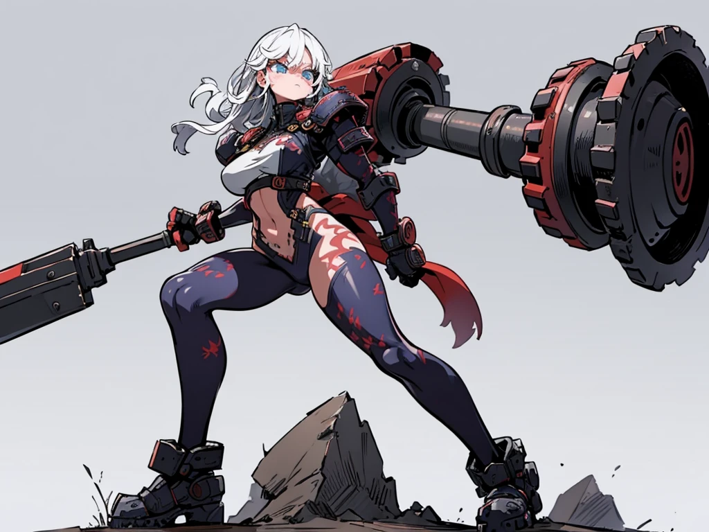 ((full bodyesbian)), (Simple background), 1girl, ((High resolution)), (simple background), (white backgrounid:1.3), A Monster Girl inspired by the Berserker from Gears of War. She has a powerful, muscular frame with thick, resilient skin that can withstand most attacks. Her eyes are blind but glow with a fiery intensity, and she navigates by keen senses of hearing and smell. Her hair is wild and dark, flowing around a fierce face with sharp, monstrous features. Her outfit is a blend of practical armor and ragged clothing, barely containing her immense strength. She stands in a challenging pose, hands on hips, exuding a terrifying yet captivating presence, with a full-body depiction.