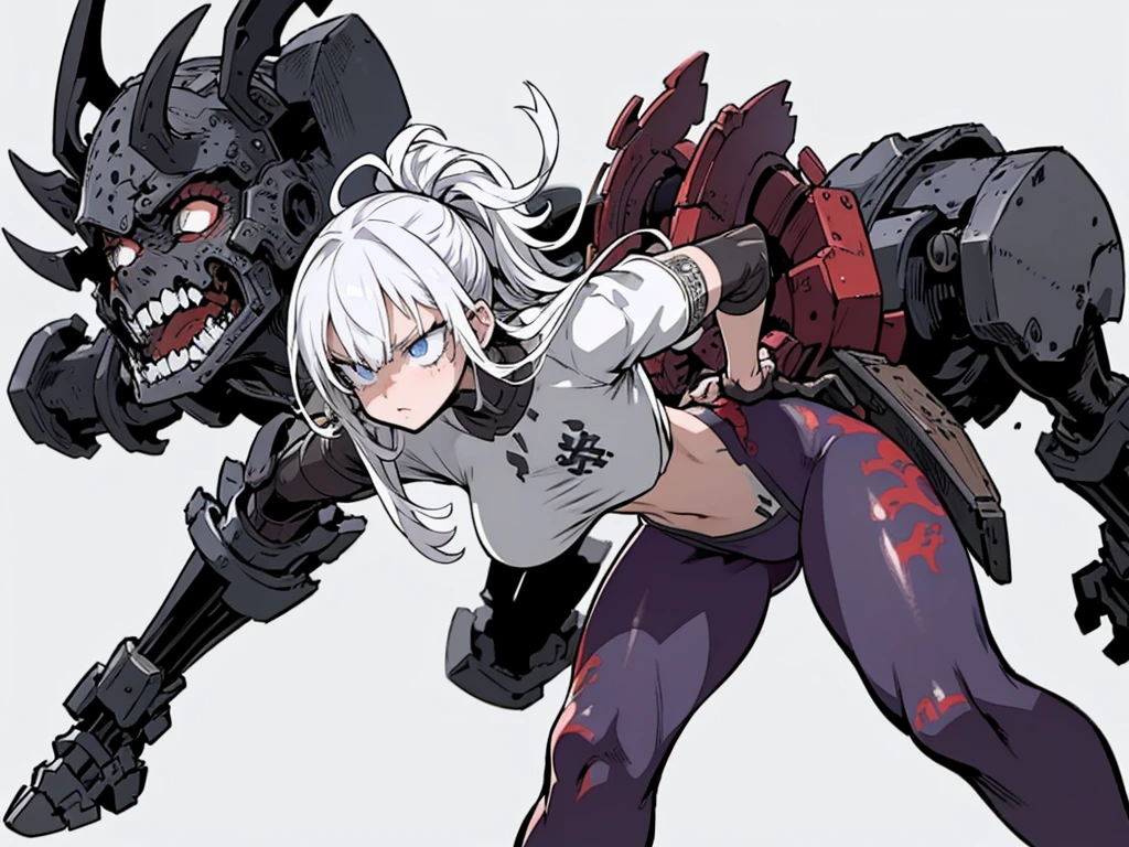 ((full bodyesbian)), (Simple background), 1girl, ((High resolution)), (simple background), (white backgrounid:1.3), A Monster Girl inspired by the Berserker from Gears of War. She has a powerful, muscular frame with thick, resilient skin that can withstand most attacks. Her eyes are blind but glow with a fiery intensity, and she navigates by keen senses of hearing and smell. Her hair is wild and dark, flowing around a fierce face with sharp, monstrous features. Her outfit is a blend of practical armor and ragged clothing, barely containing her immense strength. She stands in a challenging pose, hands on hips, exuding a terrifying yet captivating presence, with a full-body depiction.