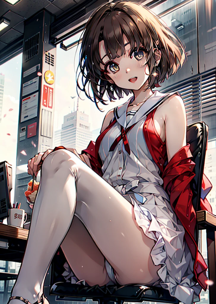 Katoumegumi, Megumi Katou, Brown Hair, short hair, (Brown eyes:1.5),happy smile, smile, Open your mouth, Red Tank Top Shirt,White long skirt,Black pantyhose,Stiletto heels,Open your mouth,sitting cross-legged on a chair,There is a computer and food on the table,interior,whole bodyがイラストに入るように,
break looking at viewer,whole body,
break indoors, office,
break (masterpiece:1.2), Highest quality, High resolution, unity 8k wallpaper, (shape:0.8), (Beautiful and beautiful eyes:1.6), Highly detailed face, Perfect lighting, Extremely detailed CG, (Perfect hands, Perfect Anatomy),