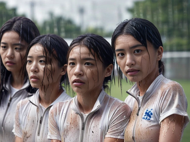 (A plain white short sleeved dirt stained field hockey uniform with a very tight white half zip:1.7)、(A large, dirt-stained, white, square collar: 1.6)、(Red clay ground:1.5)、My hair is wet and messy、(Beautiful Japanese woman covered in dirt:1.8)、Highest quality, masterpiece, Ultra-high resolution, Photorealistic, Raw Photos,Detailed face,(All women with muscular arms:2.0), (Fastener open: 1.8), (Upper body zoom up:1.0),(Everyone wears the same clothes:1.0), All members are super beauties, (Three beautiful Japanese women standing in a row facing the camera: 1.5), (Hair tied up: 1.4), (Depressed expression: 2.0), Bright photo, (My whole body is drenched in rain: 1.8)