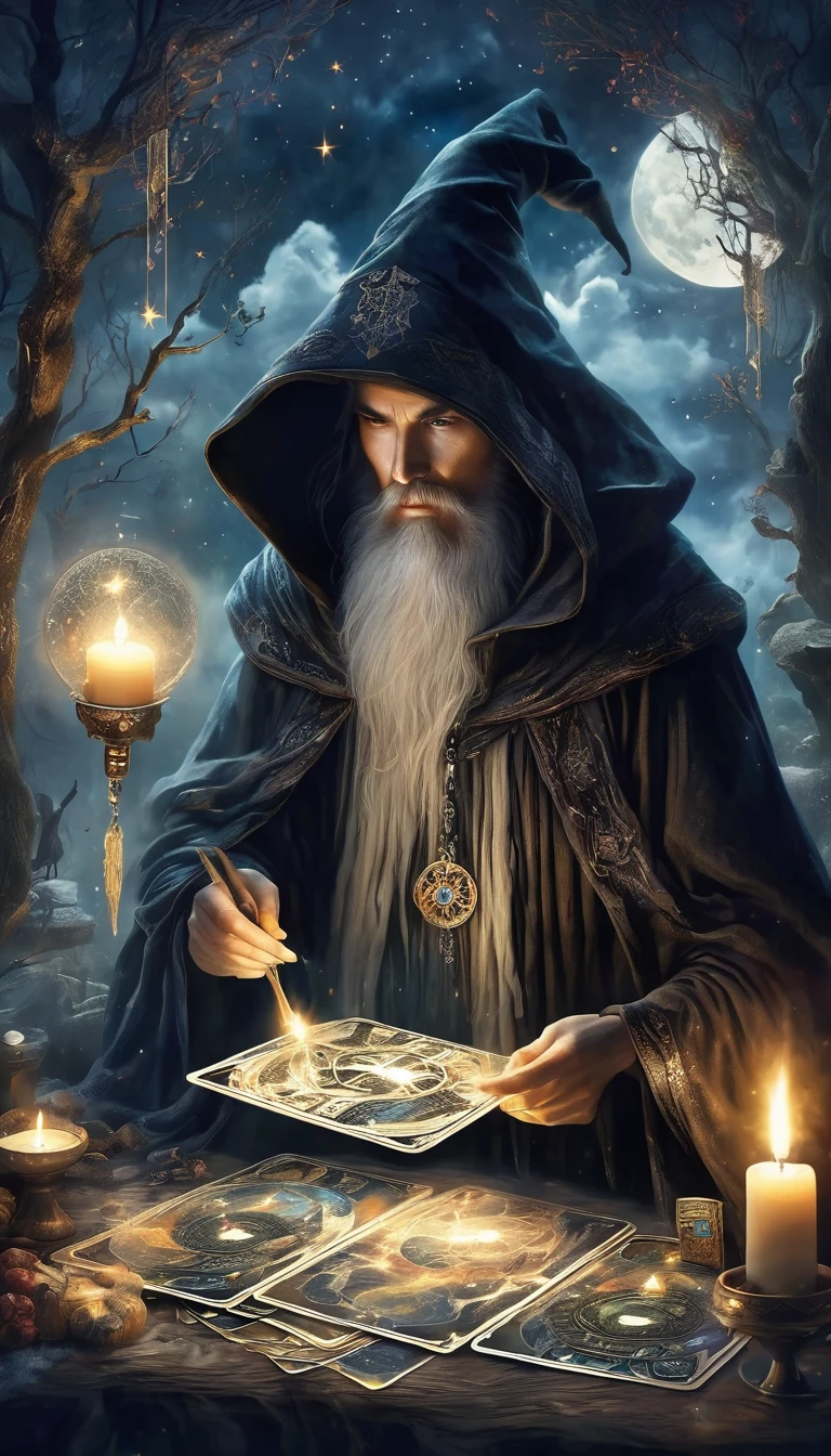 Wizard in black cloak，Fortune Teller，Tarot占卜术，Tarot，空中漂浮的Tarot，阵列的Tarot，Dim candlelight，Mysterious call，Strong mysterious and eerie atmosphere，visual impact