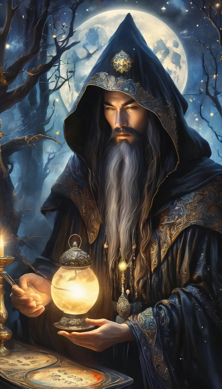 Wizard in black cloak，Fortune Teller，Tarot占卜术，Tarot，空中漂浮的Tarot，阵列的Tarot，Dim candlelight，Mysterious call，Strong mysterious and eerie atmosphere，visual impact