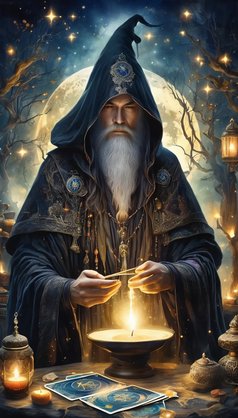Wizard in black cloak,Fortune Teller,Tarot占卜术,Tarot,空中漂浮的Tarot,阵列的Tarot,Dim candlelight,Mysterious call,Strong mysterious and eerie atmosphere,visual impact
