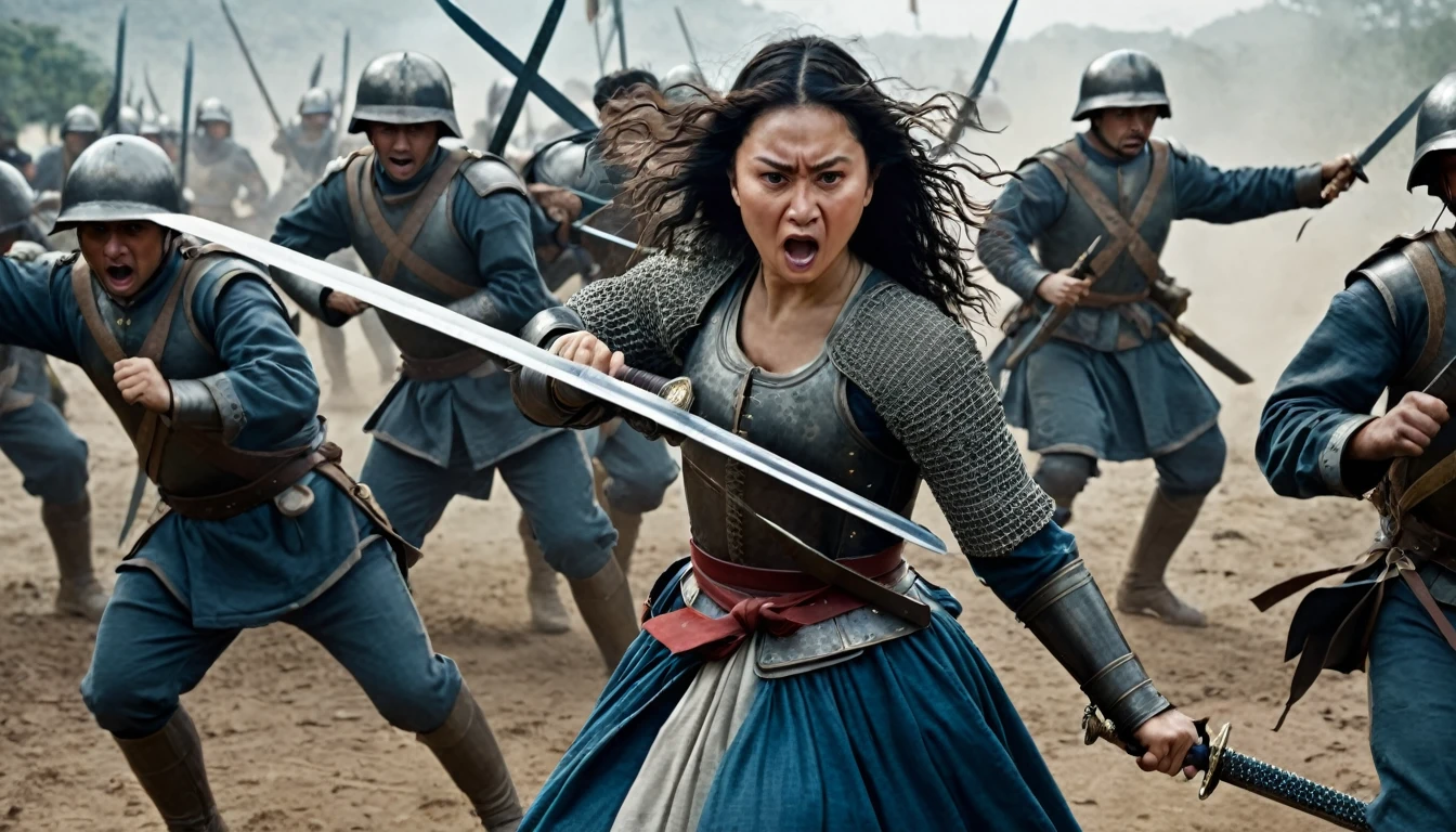 Juana Azurduy in the midst of battle, baby in one arm and sword in the other, surrounded by fighting soldiers, realistic and dramatic style