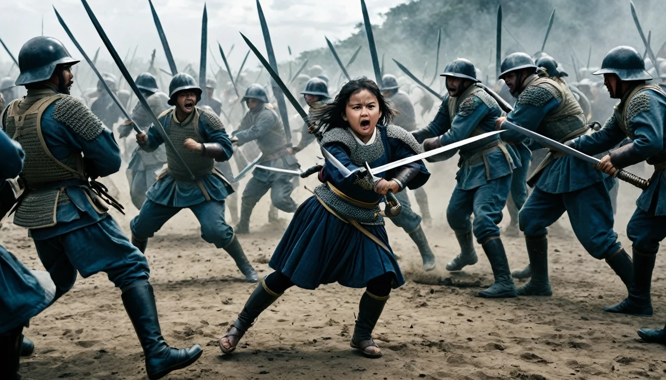 Juana Azurduy in the midst of battle, in one arm and sword in the other, surrounded by fighting soldiers, realistic and dramatic style