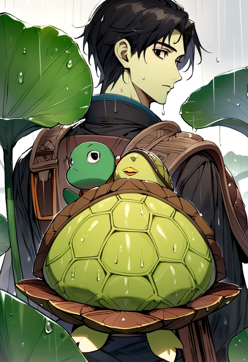 male kappa, black hair, big round black eyes, yellow beak, green skin, brown turtle shell on back, holds lotus leaf to shield from rain