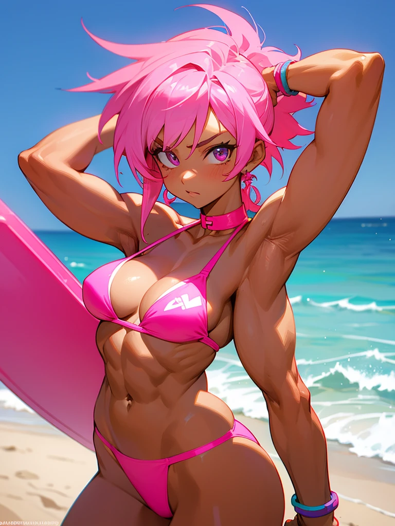 18 year old anime muscle mommy with neon pink hair and tanned skin in a neon pink thong bikini flexing her muscles with her hands behind her head so they are not seen to pridefully show off her abs on a white sanded beach, highly detailed 