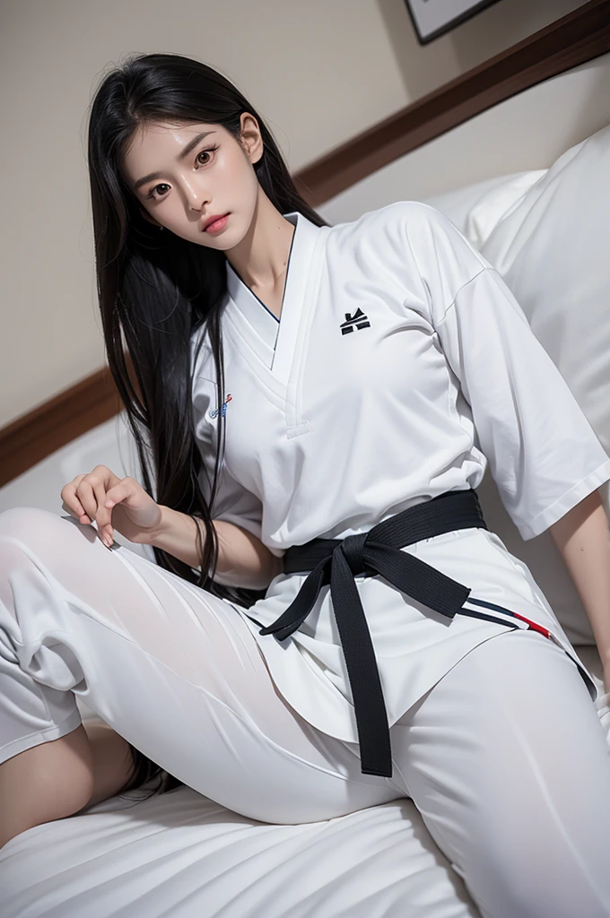 masterpiece, ultra details, best quality, 1 korean taekwondo girl, masterpiece, ultra details, best quality, black long straight hair, wearing sweaty white World Taekwondo Federation dobok uniform with black v-neck, wearing taekwondo blackbelt, wearing white martial arts pants without pockets, large sweaty butt, large breasts, laying on wet hotel bed showing butt, sweat on face