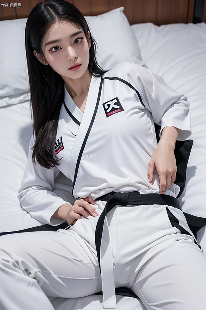 masterpiece, ultra details, best quality, 1 korean taekwondo girl, masterpiece, ultra details, best quality, black long straight hair, wearing sweaty white World Taekwondo Federation dobok uniform with black v-neck, wearing taekwondo blackbelt, wearing white martial arts pants without pockets, large sweaty butt, large breasts, laying on wet hotel bed showing butt, sweat on face