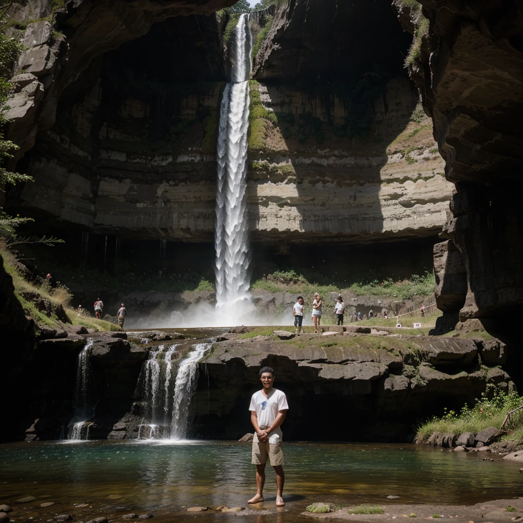 arafed man standing in front of a waterfall in the woods, standing near a waterfall, standing in front of a waterfall, waterfalls in the background, next to a waterfall, with a waterfalls, waterfall in the background, in a cave with the waterfall, standing in a waterfall, with waterfalls, standing inside a waterfall, waterfall!!!!!, with waterfalls and river