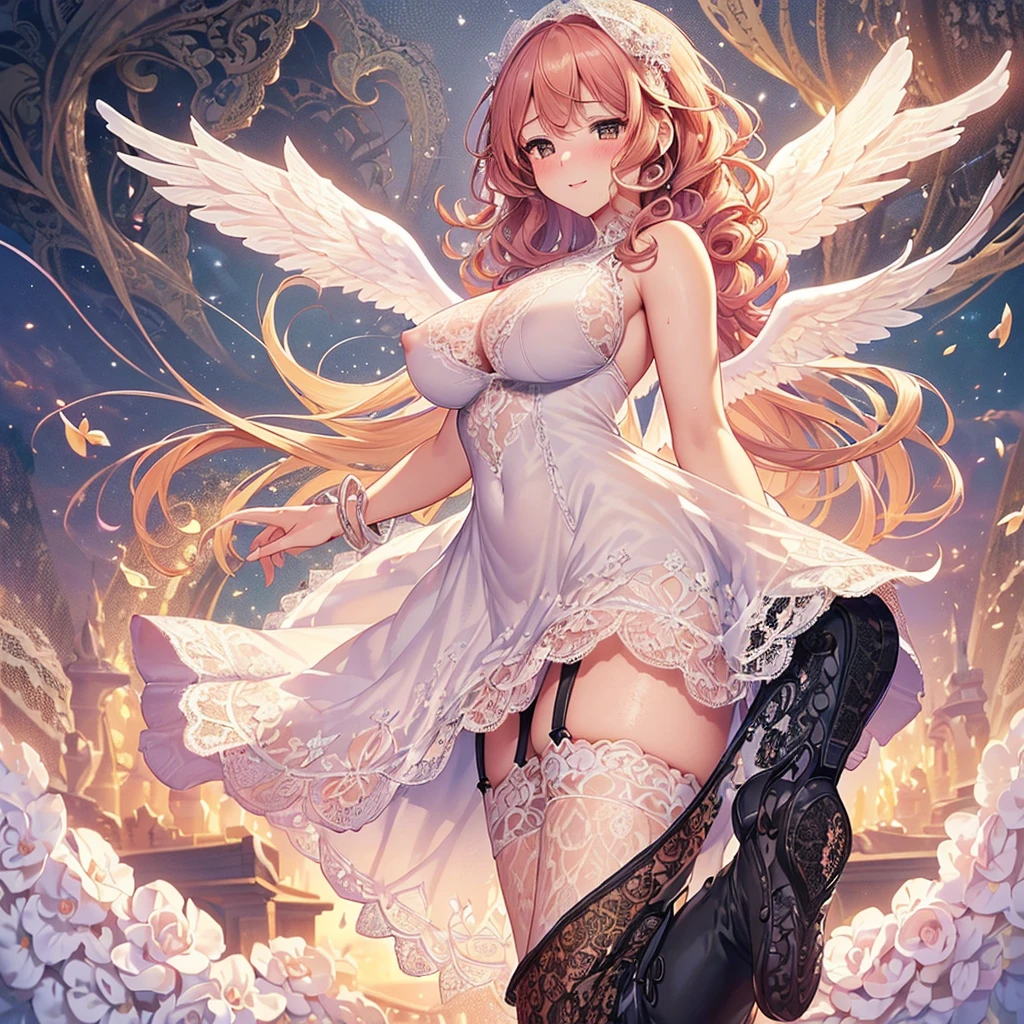 ((Highest quality)),(Ultra-high resolution),(Very detailed),(Detailed Description),((The best CG)),(A masterpiece),Ultra-detailed art,Amazing painting art,(Works with precise details:1.5), (1 female:1.6),(Beautiful and well-proportioned face:1.5),(Curly Hair:1.6),(Intricately detailed lace dress:2.0),Fine jewellery with exquisite detailing:1.5,Waist Accessories:1.5,Look at me and smile:1.5, (See-through nipples), Angel Girl, (((Magnificent white angel wings on his back:1.2))), Mature Woman,Descended into the church,(Pastel colored hair:1.3),(Red and black long high heel boots:1.4), (garter belt), (stockings)、 (Floating in the sky with magical powers:1.2),(Floating skirt:1.5), (Embarrassed expression, blush:1.2),(bracelet), (Sparkling Eyes)、(full body)、(multiple views)