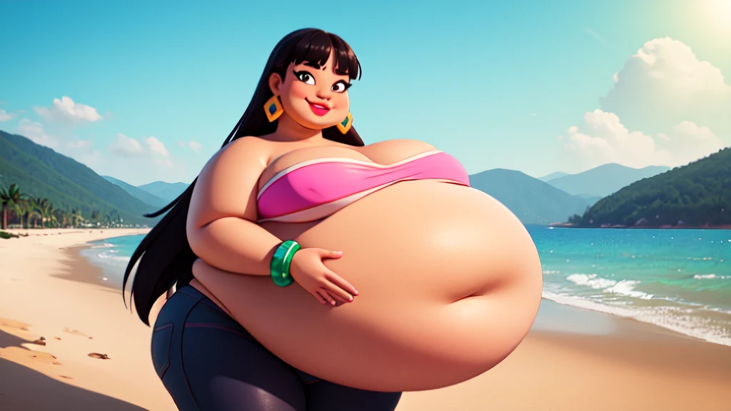 (work of art:1.2, best qualityer:1.2), SSBBW, Giant breasts, thunder thighs, soft ambient lighting, perfect lighting, 1 girl, standing alone, Chel, Bblack hair, long hair, rhombus stripe, eyes browns, darkskin, lipstick, breasts big, Broad Hips, top of the tube, neckleace, bared shoulders, emerald earrings, emerald bracelets, looking at the camera with a smug expression on his face, beach background, very large body, fat belly rolls, big breasts, sexy smile, fat arms, thunder thighs, super fat, looking at viewer, wet clothes, sweating very hard, sexy looking, blob
