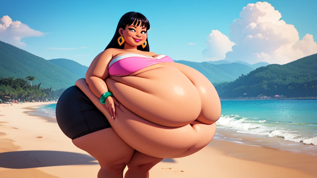 (work of art:1.2, best qualityer:1.2), SSBBW, Giant breasts, thunder thighs, soft ambient lighting, perfect lighting, 1 girl, standing alone, Chel, Bblack hair, long hair, rhombus stripe, eyes browns, darkskin, lipstick, breasts big, Broad Hips, top of the tube, neckleace, bared shoulders, emerald earrings, emerald bracelets, looking at the camera with a smug expression on his face, beach background, very large body, fat belly rolls, big breasts, sexy smile, fat arms, thunder thighs, super fat, looking at viewer, wet clothes, sweating very hard, sexy looking, blob