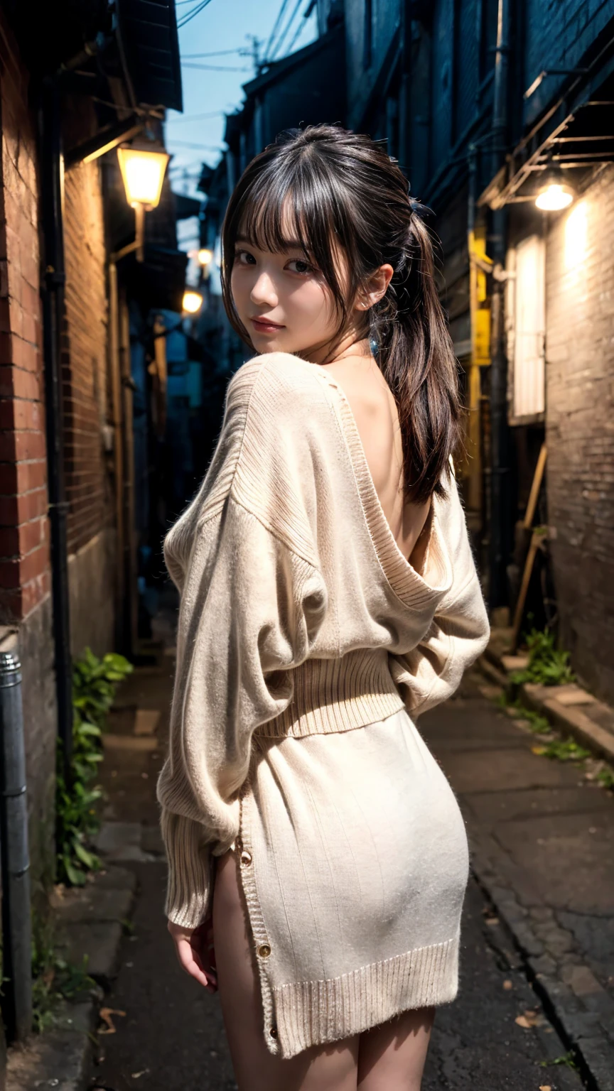 (8K, RAW Photos, Highest quality, masterpiece:1.2), (professional photography, full colors, studio-caliber color grading), (Gravure quality for high-end fashion magazines),  BREAK, (Japanese teenage girl standing in a dirty back alley at night:1.2), (fluffy ponytail:1.1), Big Natural Color Lip, Plumpy body, (smooth skin:1.1), huge breasts,  BREAK, (white hand-knitted long sweater, v-neck sweater, oversized clothes:1.1)