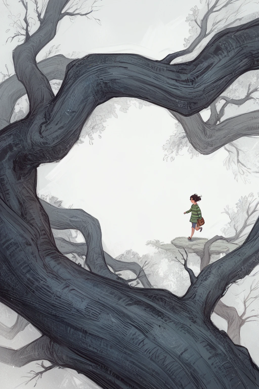 score_9, score_8_up, score_7_up, score_6_up, score_5_up, score_4_up, wh33z13,1 kid girl, walking under a tree, green striped sweater, dark brown hair