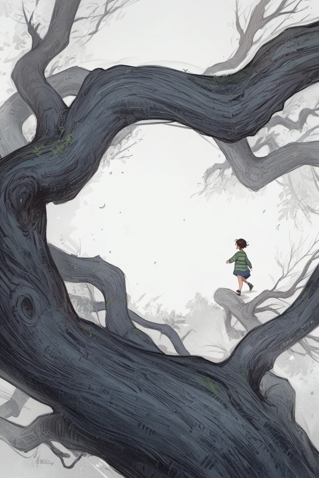 score_9, score_8_up, score_7_up, score_6_up, score_5_up, score_4_up, wh33z13,1 kid girl, walking under a tree, green striped sweater, dark brown hair