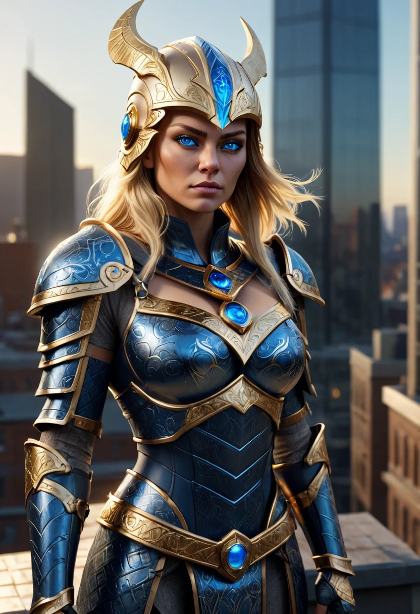 a full body shot of a woman standing on a roof top looking down at a city. A blonde woman, (glowing blue eyes), pretty face, full face, medium length straight hair over one shoulder. she wears shiny dark blue armor with gold trim (deep v-neck and exposed cleavage, bare chest:1.4), (large breasts:1.3), Natural skin texture, detailed skin. City scape background. , hex pattern on armor, intricate runes carved on armor, reflective surface, and a (Norse helmet with wings on the side covers her head:1.3), intricate details, armored glove, (left glove is gold with gemstones and runes). a stern expression on her face. (highres:1.3) (4k,8k,best quality, masterpiece), full-body image, volumetric lighting, lens flare.
